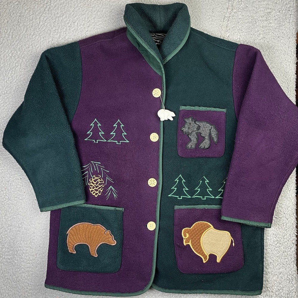 VINTAGE Northern Sun Jacket Women XL Purple‎ Fleece Embroidered Buffalo Nature